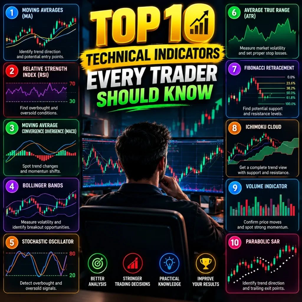 Top 10 technical indicators every trader should know, including Moving Averages, RSI, MACD, Bollinger Bands, Stochastic Oscillator, ATR, Fibonacci Retracement, Ichimoku Cloud, Volume, and Parabolic SAR.
