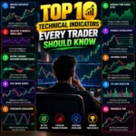 Top 10 technical indicators every trader should know, including Moving Averages, RSI, MACD, Bollinger Bands, Stochastic Oscillator, ATR, Fibonacci Retracement, Ichimoku Cloud, Volume, and Parabolic SAR.