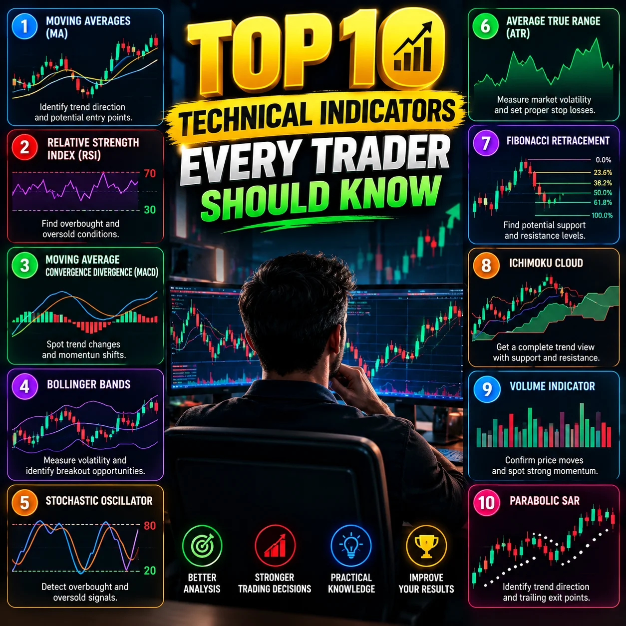 Top 10 technical indicators every trader should know, including Moving Averages, RSI, MACD, Bollinger Bands, Stochastic Oscillator, ATR, Fibonacci Retracement, Ichimoku Cloud, Volume, and Parabolic SAR.