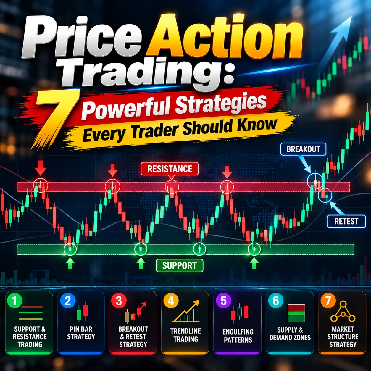 Price action trading guide featuring 7 powerful strategies, including support and resistance, pin bars, breakout and retest, trendlines, engulfing patterns, supply and demand zones, and market structure