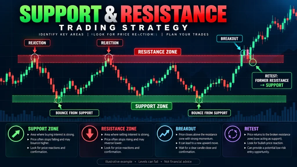 Support and resistance trading strategy showing candlestick chart patterns, price rejection, support bounces, resistance breakout, and retest confirmation.